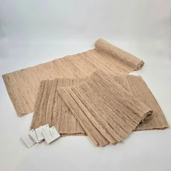 Pottery Barn 8 Woven Nubby Placemats and Table Runner Lot Hemp Natural Boho Fall