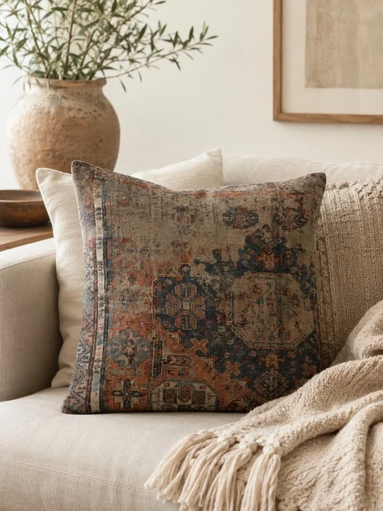 Pottery Barn Navin Tapestry Pillow Cover 22x22 Vintage Inspired Linen Blend