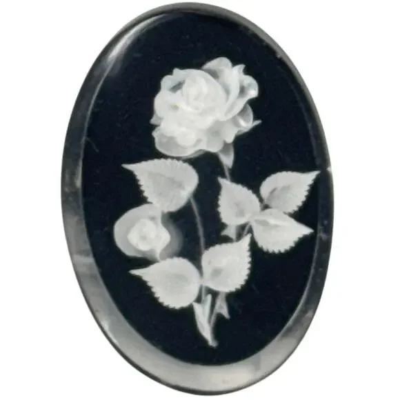 Vintage 60s Brooch Gem-Tone Handcarved Black with White Roses