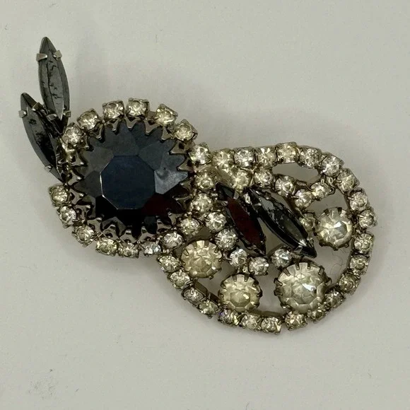 Vintage Black Rhinestone Brooch Silver Tone Clear Crystals Mid Century