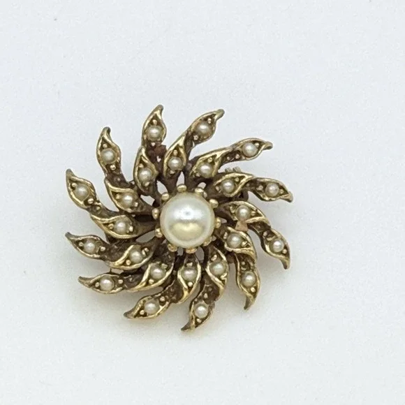 Vintage Faux Pearl Brooch Gold Tone Sunburst Swirl Floral Pin Small 1