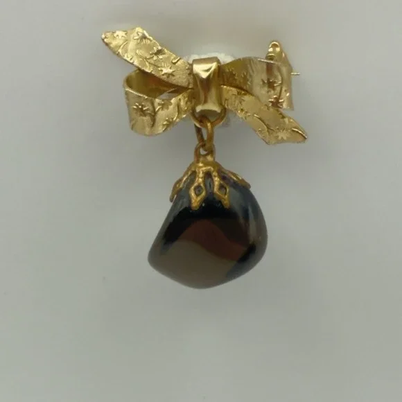 Vintage Gold Tone Bow Brooch Dangle Banded Agate Glass Drop Pin Celestial