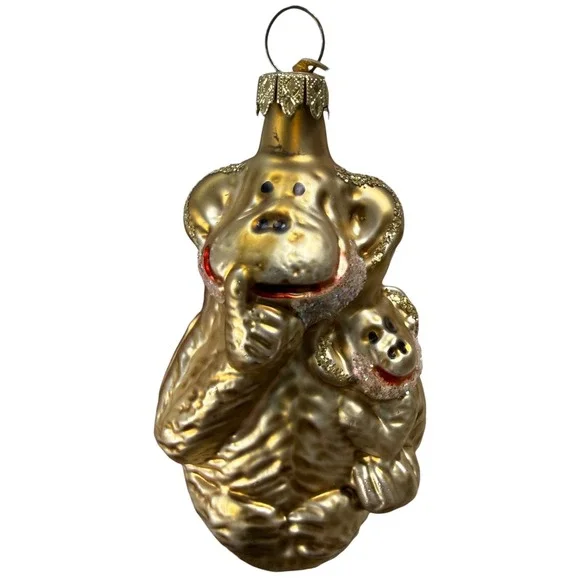 Discovery Store Gold Monkey Holding Baby Glass Ornament Christmas Tree Decor‎