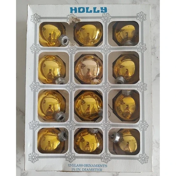 Box of 12 Holly Shiny Gold Glass Christmas Ornaments 2 1/4