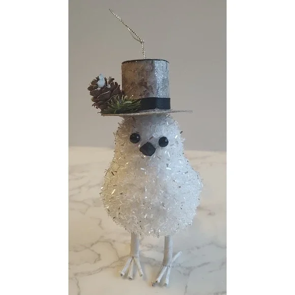 Bird Christmas Ornament Dapper Gentleman Top Hat Pinecone Sparkly White B10