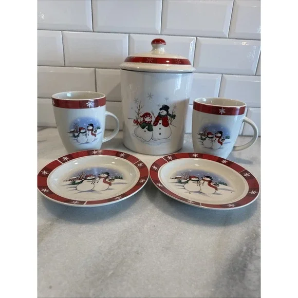VTG Royal Seasons Holiday Snowmen Stoneware Canister Cookie Jar Snack Set GW0021