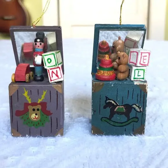 VTG Wooden Toy Chest Christmas Ornaments Noel Set of 2 Hand Painted Glass Mirror