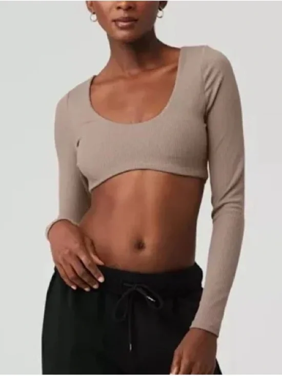 ALO Yoga Ribbed Defined Long Sleeve Bra - Taupe