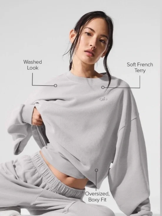Alo Yoga Washed Accolade Crew Neck Sweatshirt Grey Sky Wash Oversized S