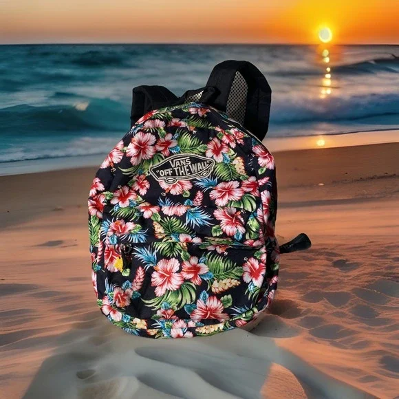 Vans Off The Wall Tropical Floral Backpack Black‎ Red Green Hibiscus Aloha Print