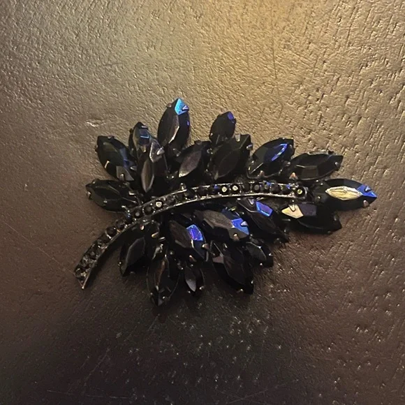Vintage Jet Black Rhinestone Leaf Brooch