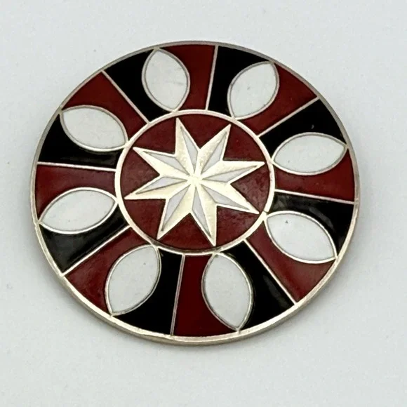 Vintage Enamel Geometric Starburst Brooch Red Black White Round 1.75