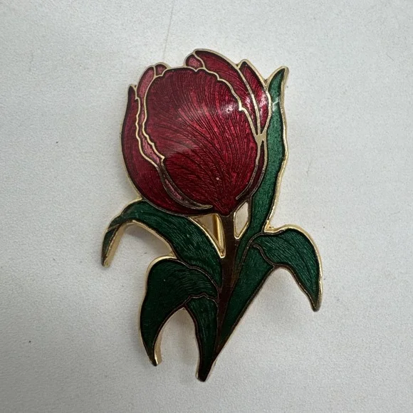 Red Rose Gold Tone Metal Enamel Flower DuBarry Fifth avenue Brooch Pin
