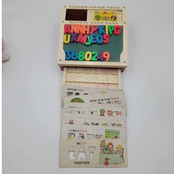 VTG 1972 Fisher-Price School Days Desk Magnetic Letters Numbers‎ Stencil Cards