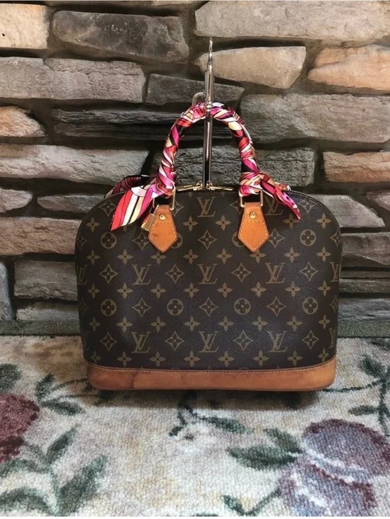 Louis Vuitton Alma PM Monogram Handbag with Pink Scarf