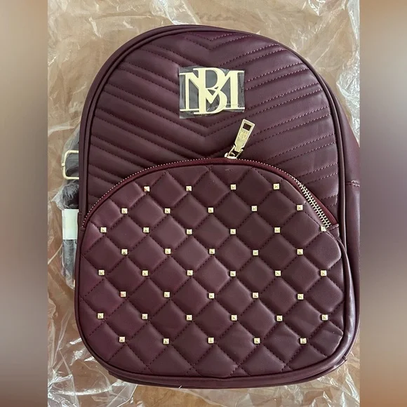 NWT BADGLEY MISCHKA Vegan Leather Plum & Gold Studded Backpack w Callout