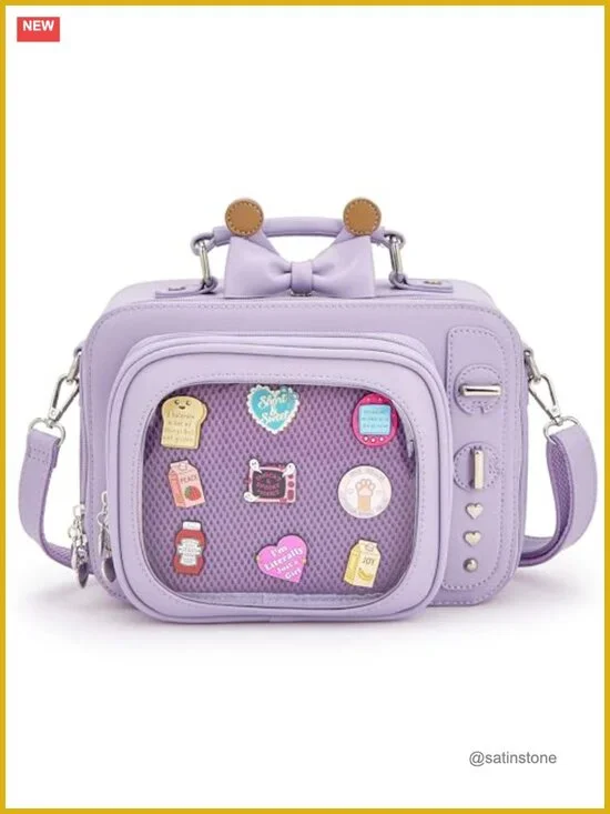 Retro TV Shaped Ita Bag Backpack with Inserts - Faux Leather Pin Display Purse,