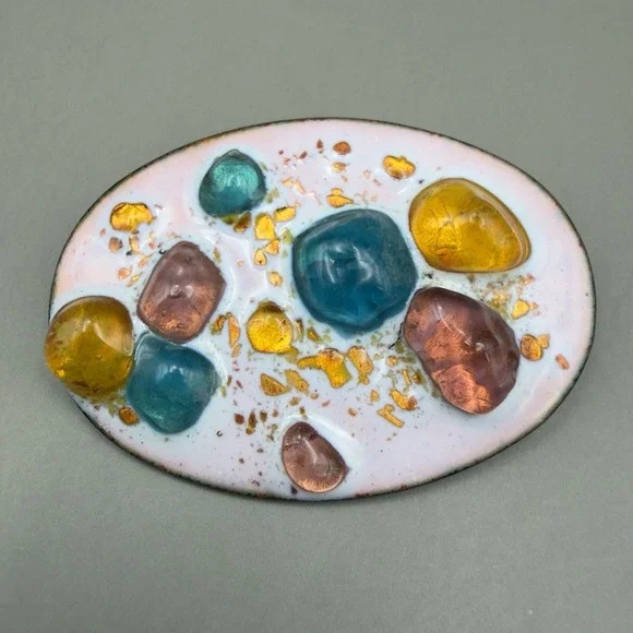 Vintage Oval Enamel Brooch Multi Color Glass Cabochons Gold Flake Art Glass 2.25
