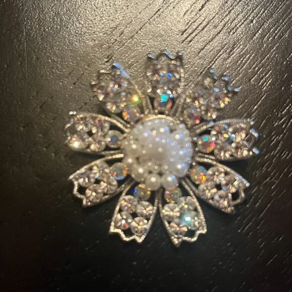 Vintage Silver Tone Brooch with Pearl Cluster Center and Aurora Borealis Stones