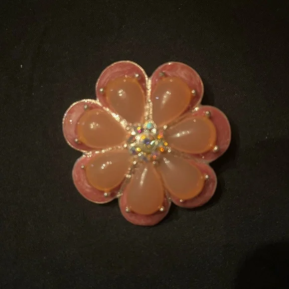 Vintage Peachy Pink Flower Enamel Brooch with rhinestones