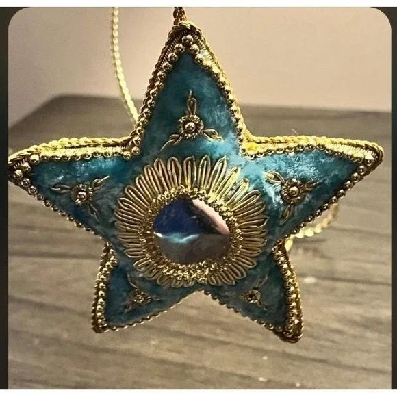 Vintage Handmade Blue Velvet Star Christmas Ornament Gold Trim Mirror Center 4