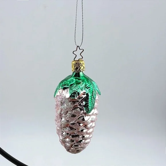 Pink Glass Pinecone Christmas Ornament Green Leaves Glitter Star Hanger Kitsch