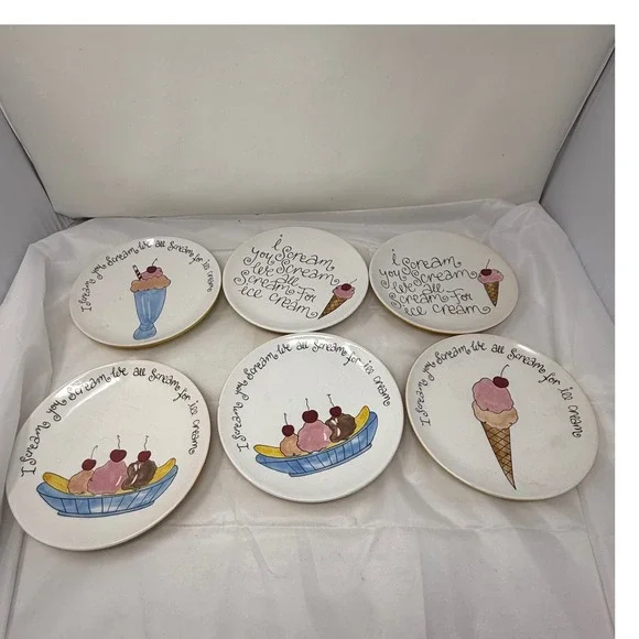 Pottery Barn I Scream For Ice Cream Dessert Plates Set of 6 Yellow White 8 inch