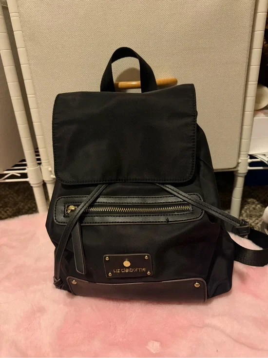 Liz Claiborne Black Nylon Mini Backpack with Gold Hardware