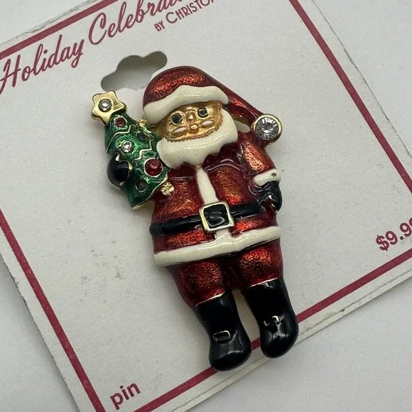 CHRISTOPHER RADKO Santa‎ Brooch Rhine stone and  Enamel  Christmas Tree 2 in x 2