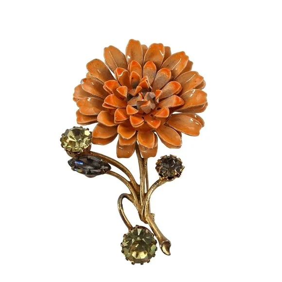 Vintage 1960s Orange Enamel Flower Brooch Large Mod Poppy‎ Rhinestone Gold Tone