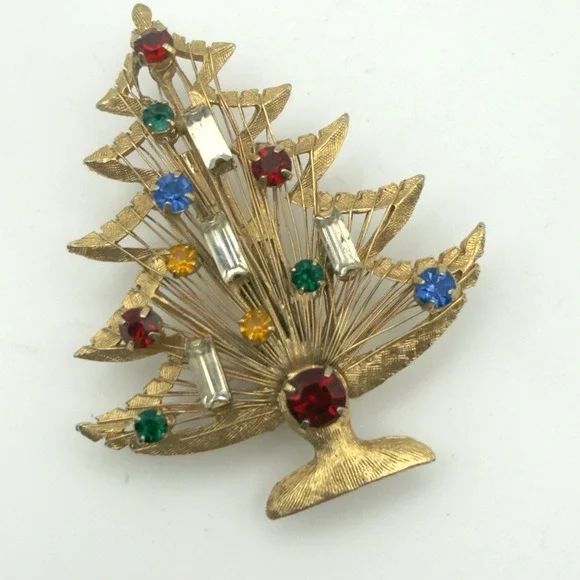 Vintage Gold Tone Multi Color Rhinestone Christmas Tree Brooch Pin Mid Century