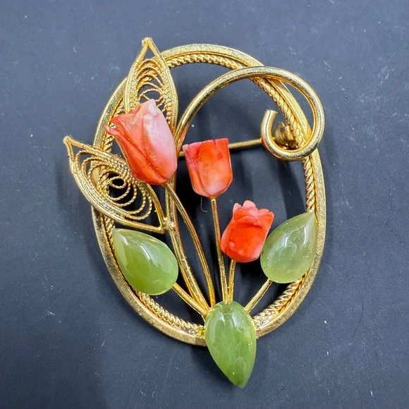 Vintage Tulip‎ Flower Brooch Coral Jade Green Red Gold Tone Oval Pin 2