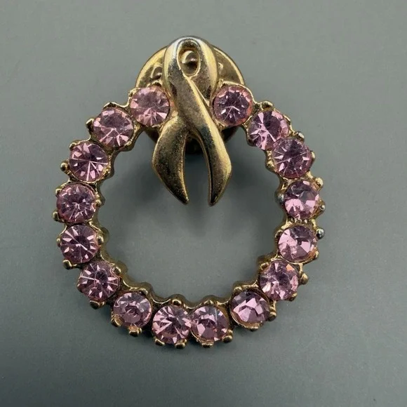 Vintage Pink Rhinestone Breast Cancer Awareness Ribbon Wreath Pin Gold Tone 1