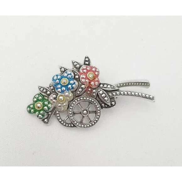 Vintage Flower Cart Brooch Pin Silver Tone Pink Blue Green Enamel‎ Flowers 2