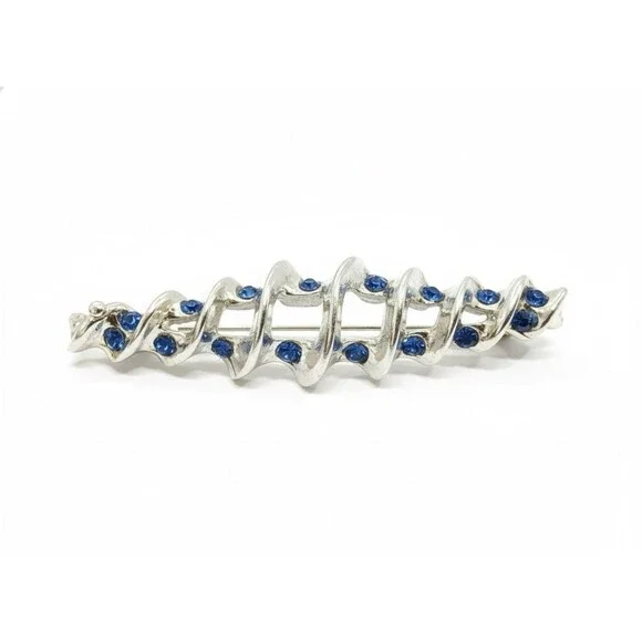 Vintage Silver Tone Spiral/Screw Brooch Pin Brilliant Blue Rhinestones Costume