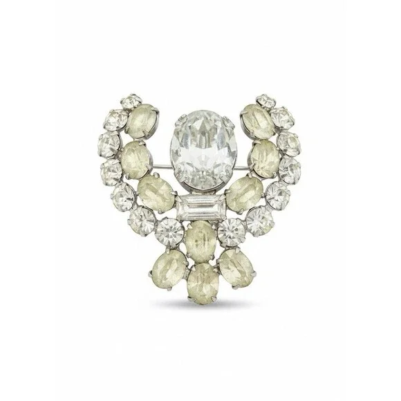 Vintage Clear Rhinestone Crescent Brooch Pin - Mid-Century Style Bridal Jewelry