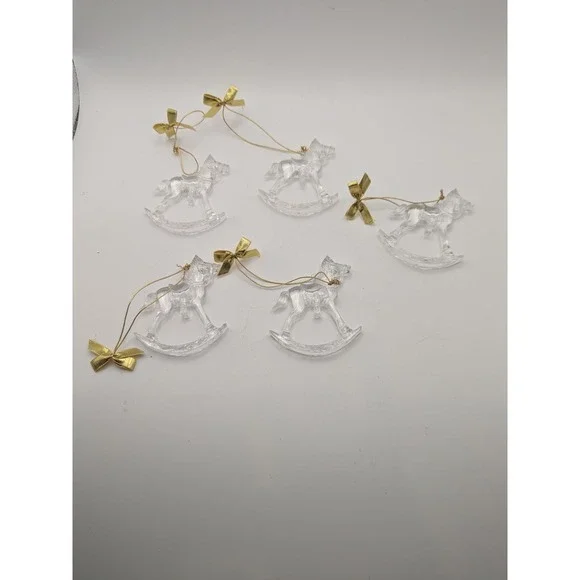 Set of 5 Vtg Avon Clear Acrylic Rocking Horse Christmas Ornaments Gold Bows‎