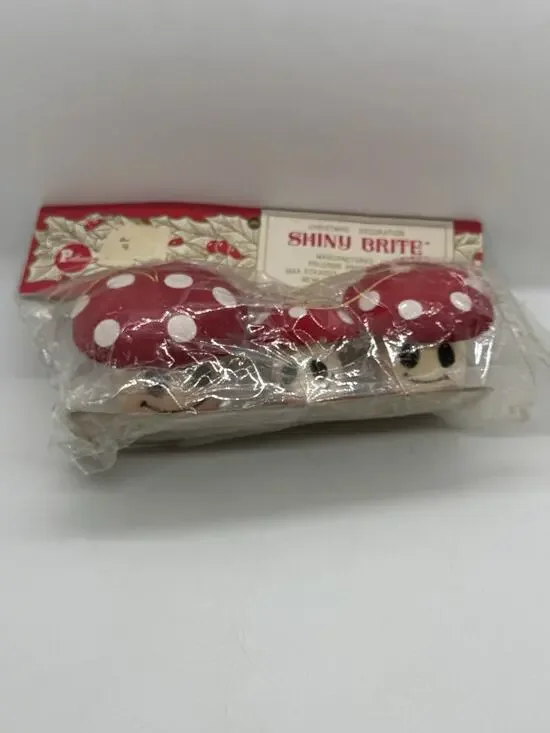 Vtg Very Rare Shiny Brite Flocked Mushroom Ornaments 3 Pc Japan Carded Christmas