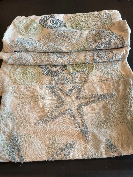 Pottery Barn Embroidered Pillow Cases Beach Theme Shell Set of 4