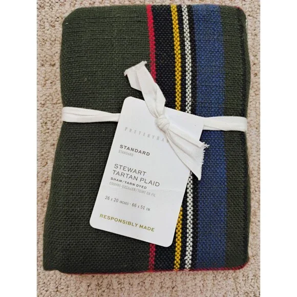 2 Pottery Barn Stewart Tartan Plaid Shams Green Standard 26x20