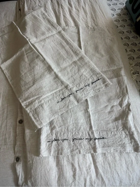 Pottery Barn Natural/Cream Linen Pillow Shams with Script Embroidery