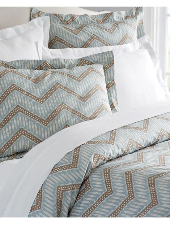 Pottery Barn Sydney Chevron King Duvet Cover & 2 Sham Bedding Set Cotton Blue
