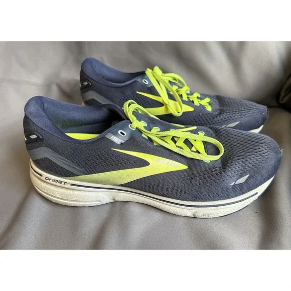 BROOKS GHOST 15 Mens 12W Navy Bright Green Running Walking‎ Athletic Sneakers