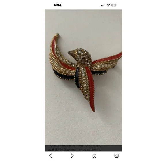 Vintage‎ Gold Tone Rhinestone Enamel Bird Brooch Red Black Swallow Pin Jewelry