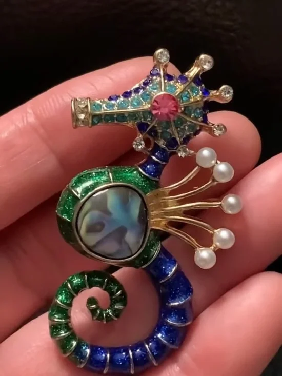 Green and Blue Seahorse Brooch with Abalone Center and Pearls