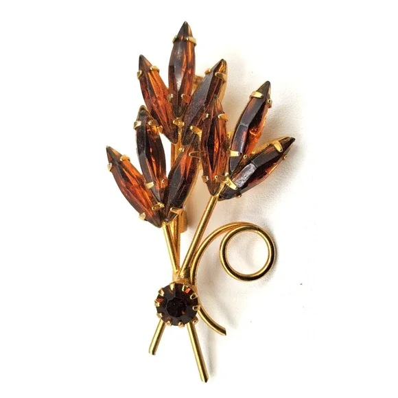 Vintage Amber Colored Rhinestone Floral Spray Quality Pin Brooch