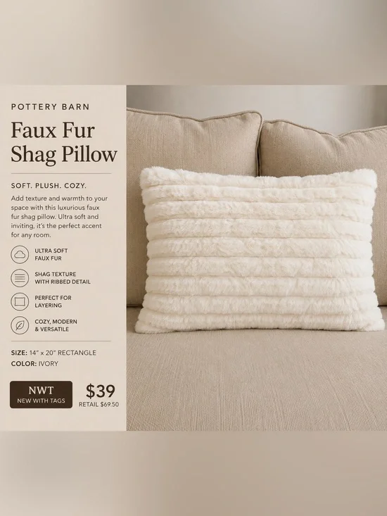 NWT Pottery Barn Teen Ivory Faux Fur Standard Pillow Sham 26x20 Soft Plush