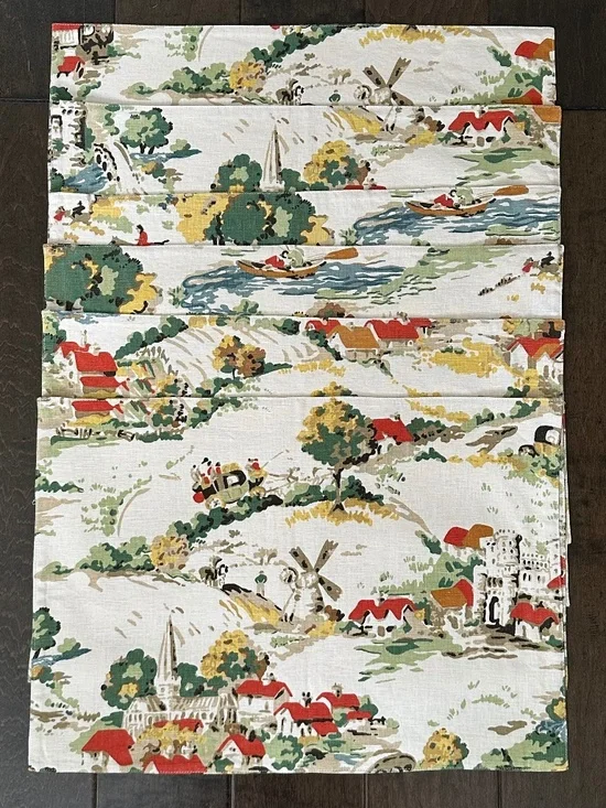 Set Of 6 Pottery Barn Farmington Scenic Placemats Toile Country Village Cotton