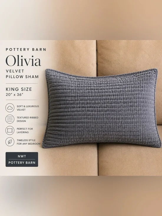 NWT Pottery Barn Olivia Velvet King Pillow Sham Gray Luxury Bedding Cover