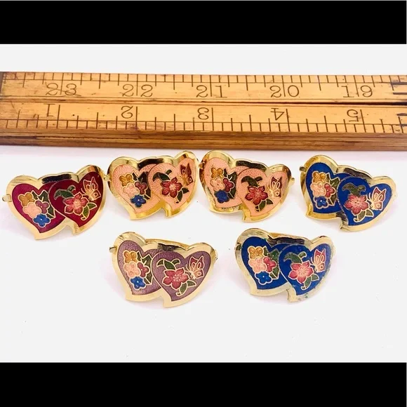 6 vintage scarf clips gold cloisonné 1980s NOS